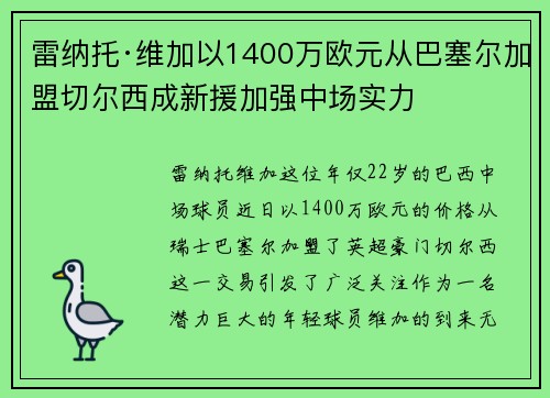 雷纳托·维加以1400万欧元从巴塞尔加盟切尔西成新援加强中场实力 雷纳托·维加以1400万欧元从巴塞尔加盟切尔西成新援加强中场实力